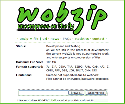 Uncompress files online with Wobzip