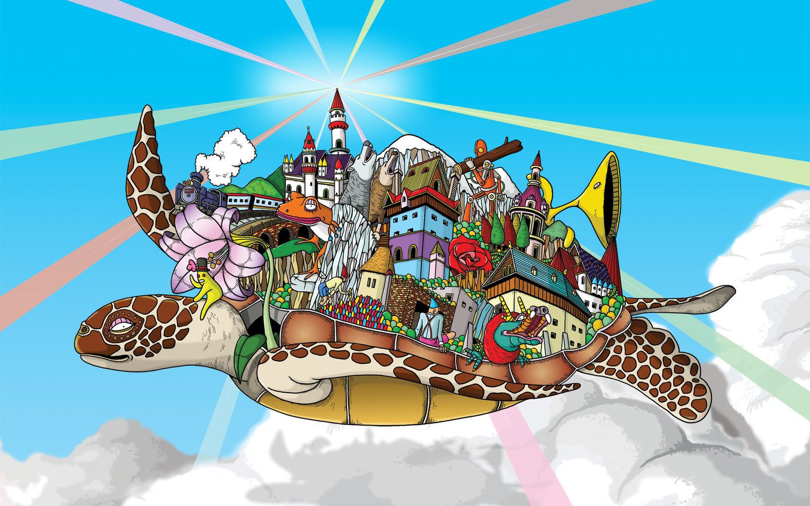  bavarian Dr. Seuss town, with animals, robots, and dragons, 
