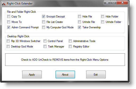 Extend Right Click menu in Windows 7 with Right-Click Extender