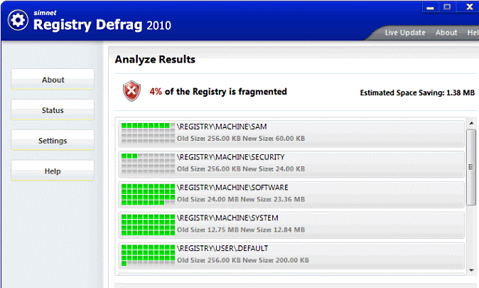 Simnet Registry Defrag, Defram Optimize PC, Registry, Freeware, Download