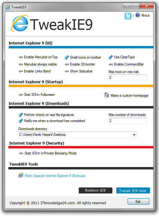 TweakIE9, Tweak Internet Explorer