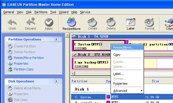 Create/delete a partition with EASEUS Partition Manager