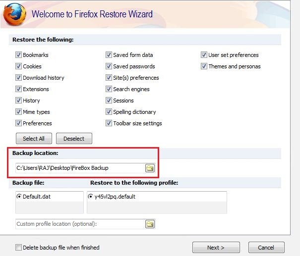 Select the Backup File to restore