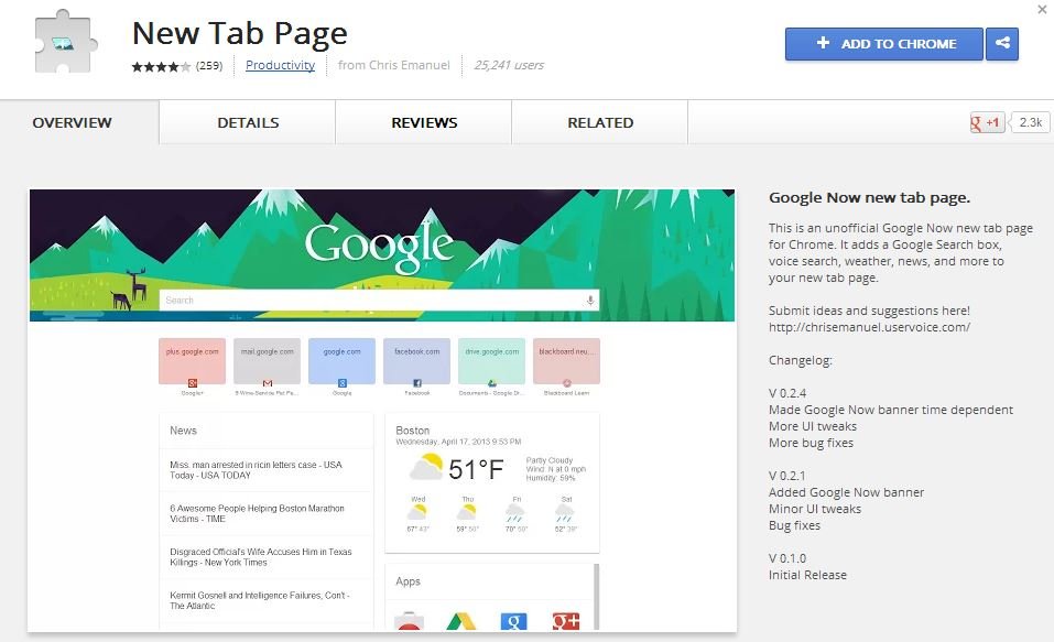 New Tab Page Chrome Addon