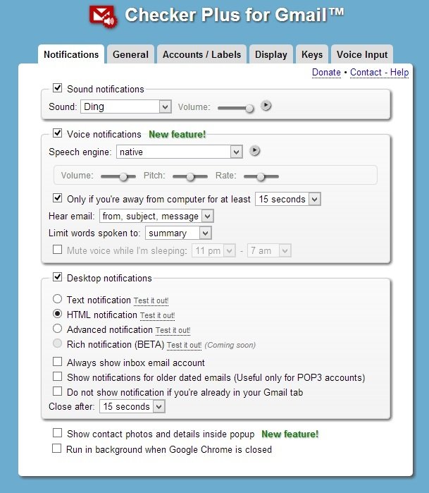 Checker Plus For Gmail Settings Page